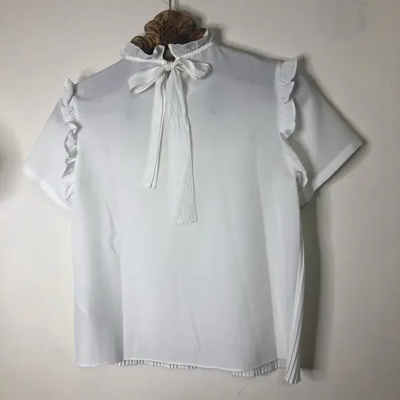 Maje Top Lamou Blouse Bow Back White High Neck Ruffle Pleated Short Sleeve